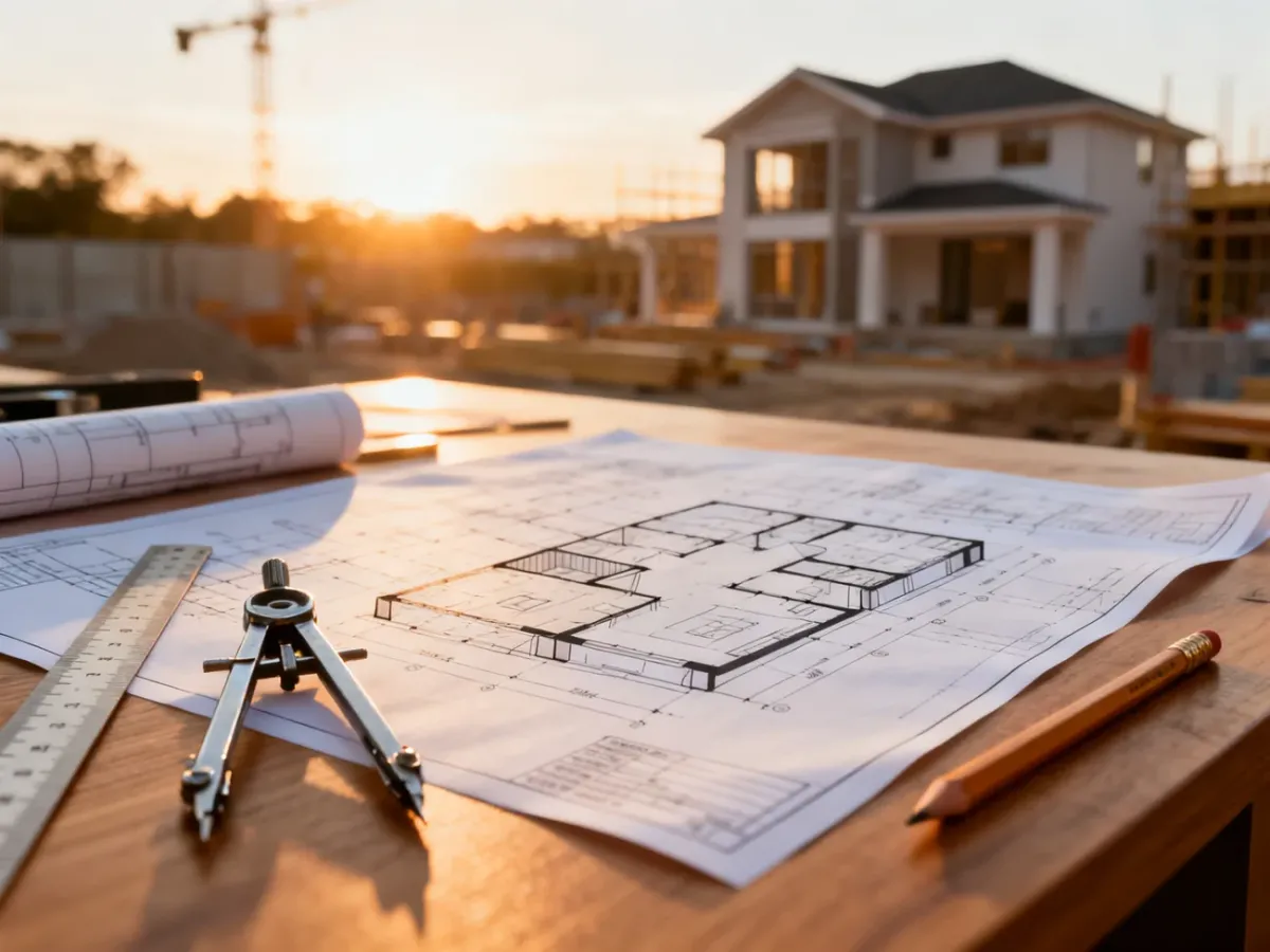 Projekt architektoniczny domu jednorodzinnego z przyborami kreślarskimi na drewnianym stole na tle placu budowy.