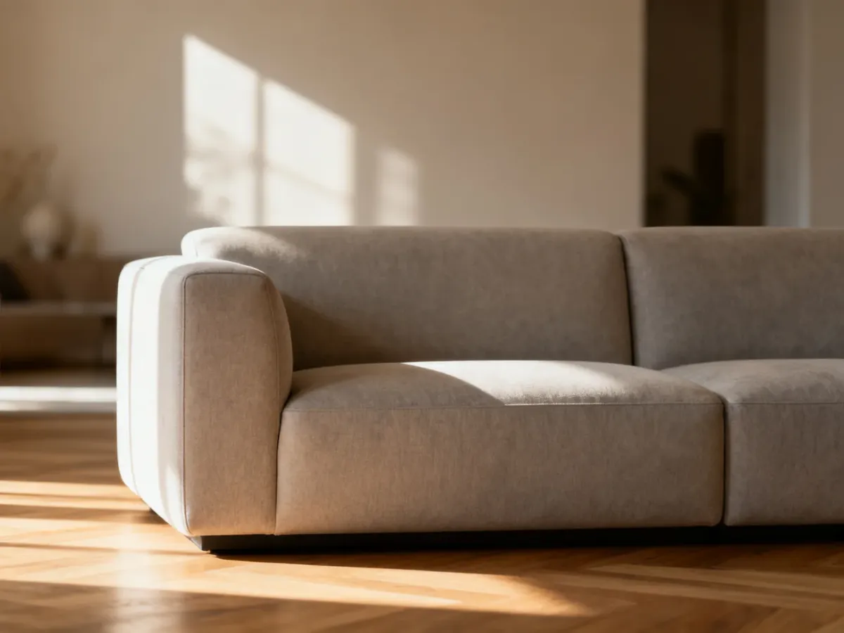 Nowoczesna, minimalistyczna wersalka w jasnym salonie, prezentująca estetyczny design i neutralną kolorystykę.