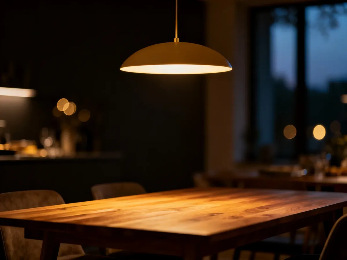Nowoczesna, minimalistyczna lampa wisząca emitująca ciepłe światło nad drewnianym stołem w przytulnej jadalni.